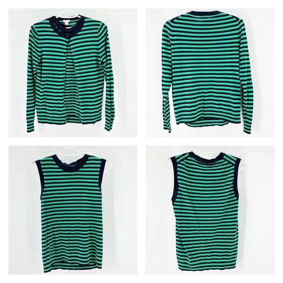 J.Crew Striped Caryn cardigan sweater green blue nautical preppy classic set - Picture 1 of 9